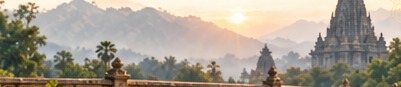 Sunset over a temple landscape